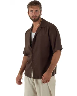 Camicia uomo lino mezze maniche colletto bowling collo rever boxy fit marrone GIOSAL-CC1236A