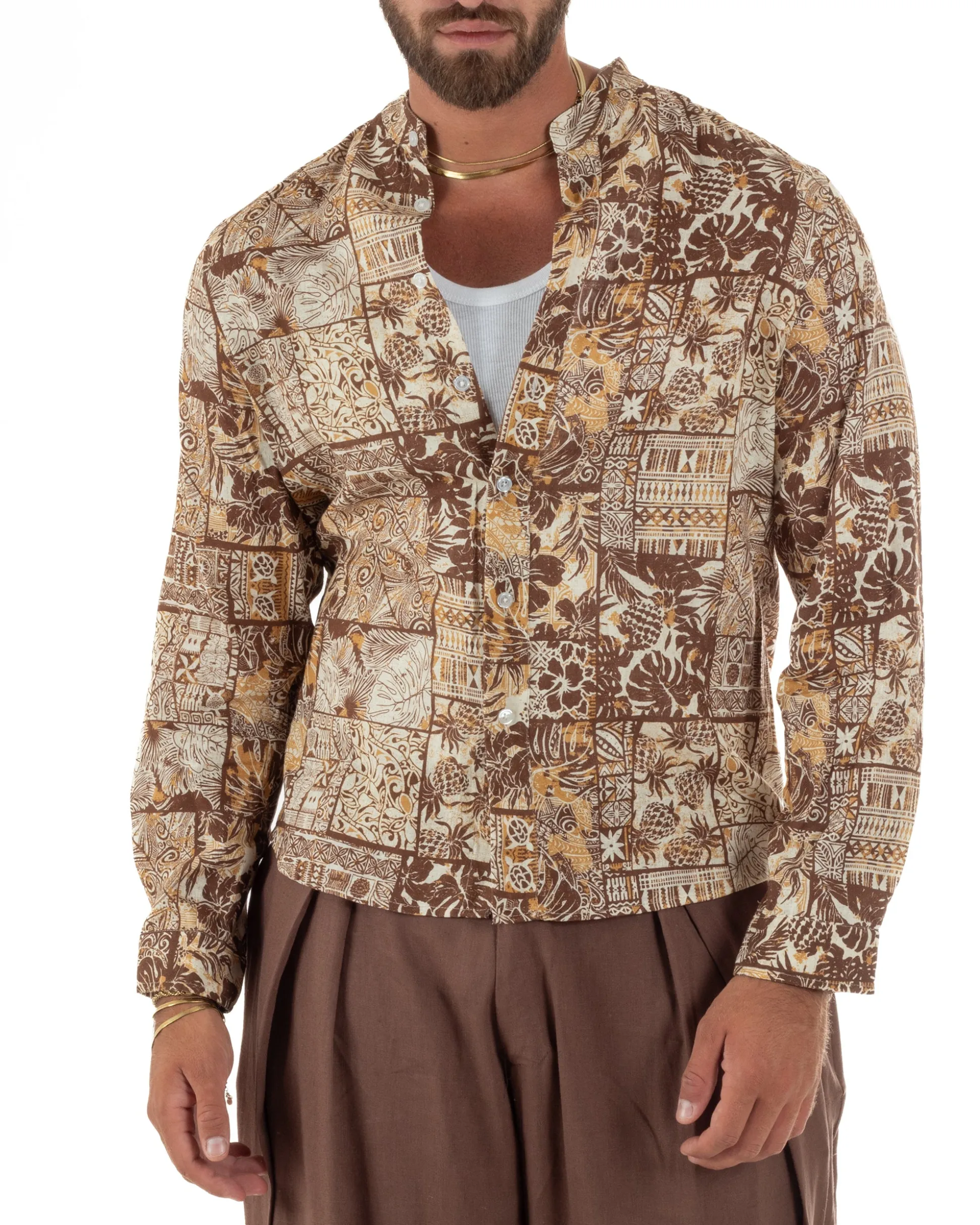 Camicia uomo lino patchwork etnico collo coreano beige GIOSAL-C3095A