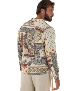Camicia uomo lino patchwork paisley collo coreano multicolore bianco GIOSAL-C3094A