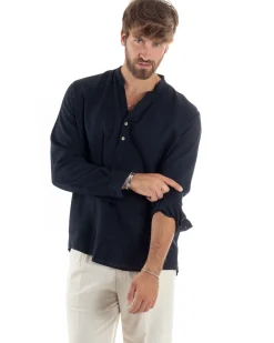 Camicia uomo lino regular fit collo coreano serafino scollo v blu GIOSAL-C2866A