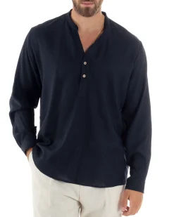 Camicia uomo lino regular fit collo coreano serafino scollo v blu GIOSAL-C2866A