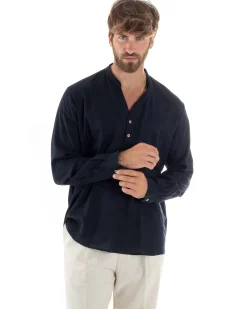 Camicia uomo lino regular fit collo coreano serafino scollo v blu GIOSAL-C2866A