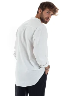 Camicia uomo lino regular fit collo coreano serafino scollo v bianco GIOSAL-C2865A