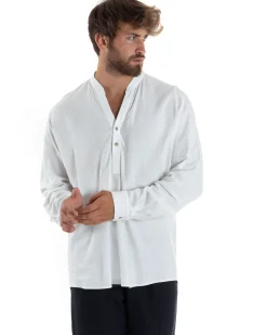 Camicia uomo lino regular fit collo coreano serafino scollo v bianco GIOSAL-C2865A