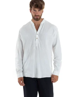 Camicia uomo lino regular fit collo coreano serafino scollo v bianco GIOSAL-C2865A
