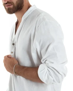 Camicia uomo lino regular fit collo coreano serafino scollo v bianco GIOSAL-C2865A