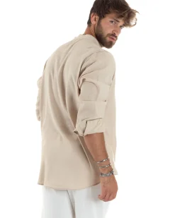 Camicia uomo lino regular fit collo coreano serafino scollo v beige GIOSAL-C2864A