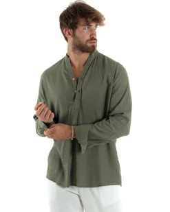 Camicia uomo lino regular fit collo coreano serafino scollo v verde GIOSAL-C2863A