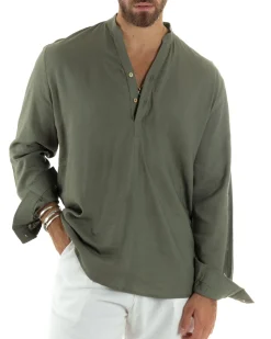 Camicia uomo lino regular fit collo coreano serafino scollo v verde GIOSAL-C2863A