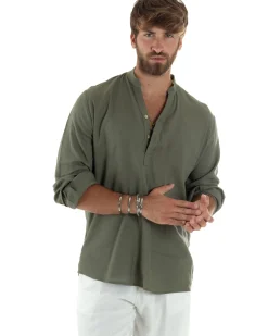 Camicia uomo lino regular fit collo coreano serafino scollo v verde GIOSAL-C2863A