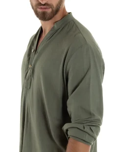 Camicia uomo lino regular fit collo coreano serafino scollo v verde GIOSAL-C2863A