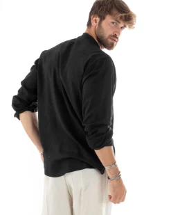 Camicia uomo lino regular fit collo coreano serafino scollo v nero GIOSAL-C2867A
