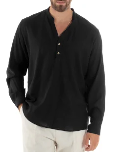 Camicia uomo lino regular fit collo coreano serafino scollo v nero GIOSAL-C2867A