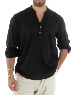 Camicia uomo lino regular fit collo coreano serafino scollo v nero GIOSAL-C2867A