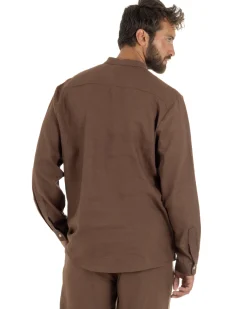 Camicia uomo lino regular fit collo coreano serafino scollo v marrone GIOSAL-C3092A