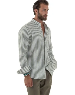 Camicia Uomo Lino Riga Sottile Collo Coreano Verde C3023A