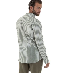 Camicia Uomo Lino Riga Sottile Collo Coreano Verde C3023A