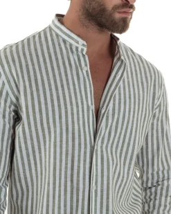 Camicia Uomo Lino Riga Sottile Collo Coreano Verde C3023A