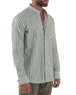 Camicia Uomo Lino Riga Sottile Collo Coreano Verde C3023A