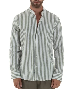 Camicia Uomo Lino Riga Sottile Collo Coreano Verde C3023A