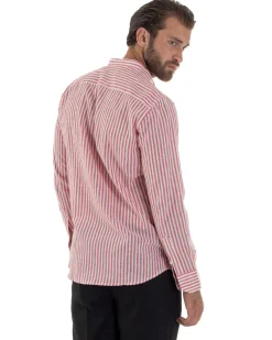 Camicia Uomo Lino Riga Sottile Collo Coreano Rosso C3020A