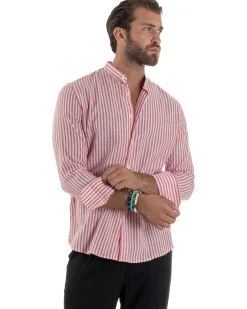 Camicia Uomo Lino Riga Sottile Collo Coreano Rosso C3020A
