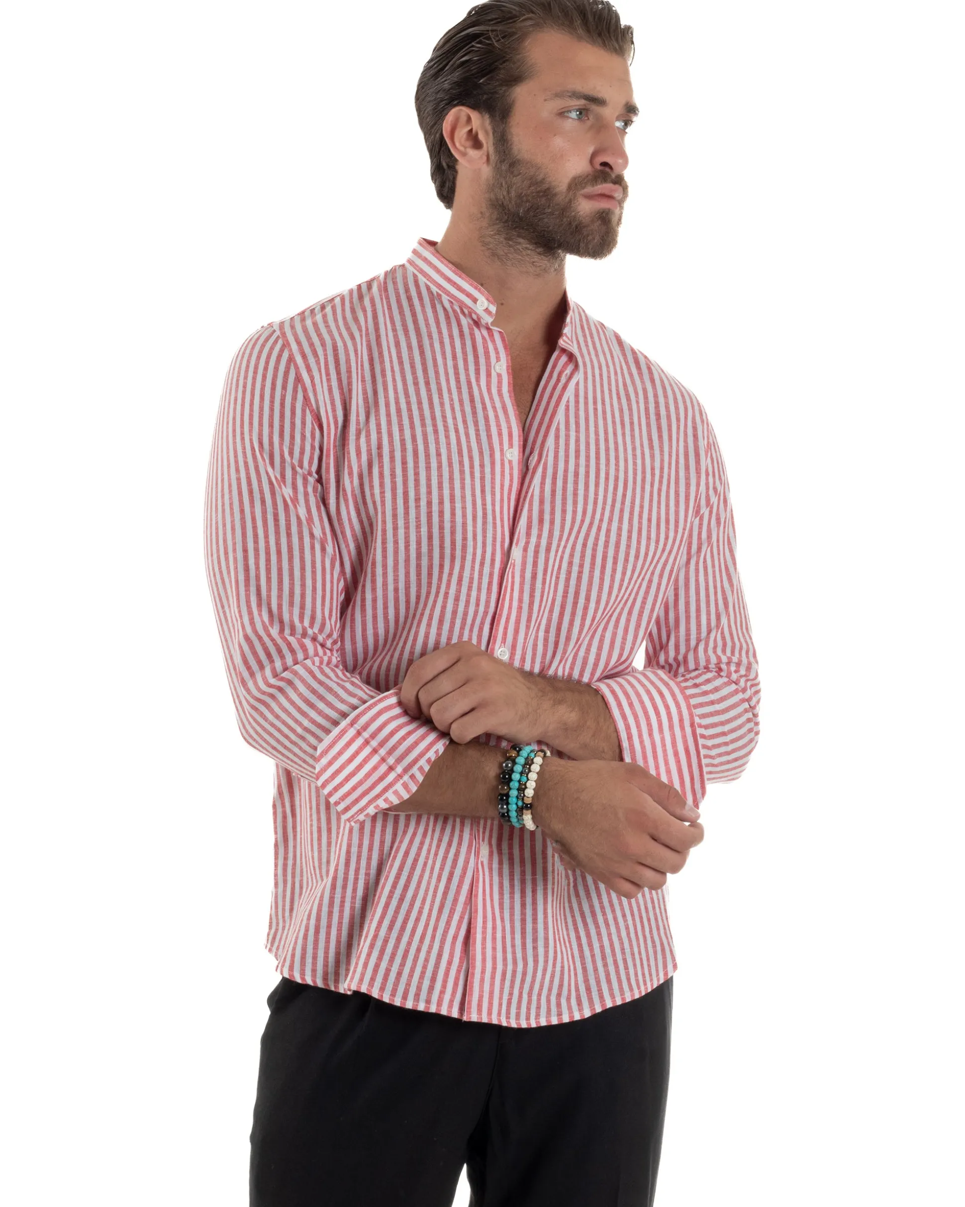 Camicia Uomo Lino Riga Sottile Collo Coreano Rosso C3020A