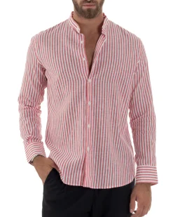 Camicia Uomo Lino Riga Sottile Collo Coreano Rosso C3020A