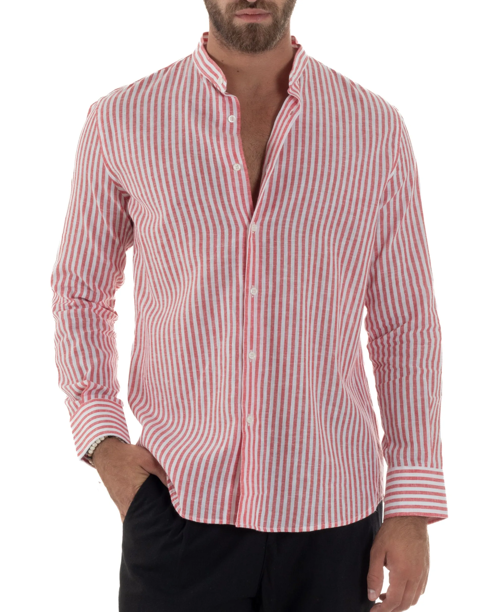Camicia Uomo Lino Riga Sottile Collo Coreano Rosso C3020A