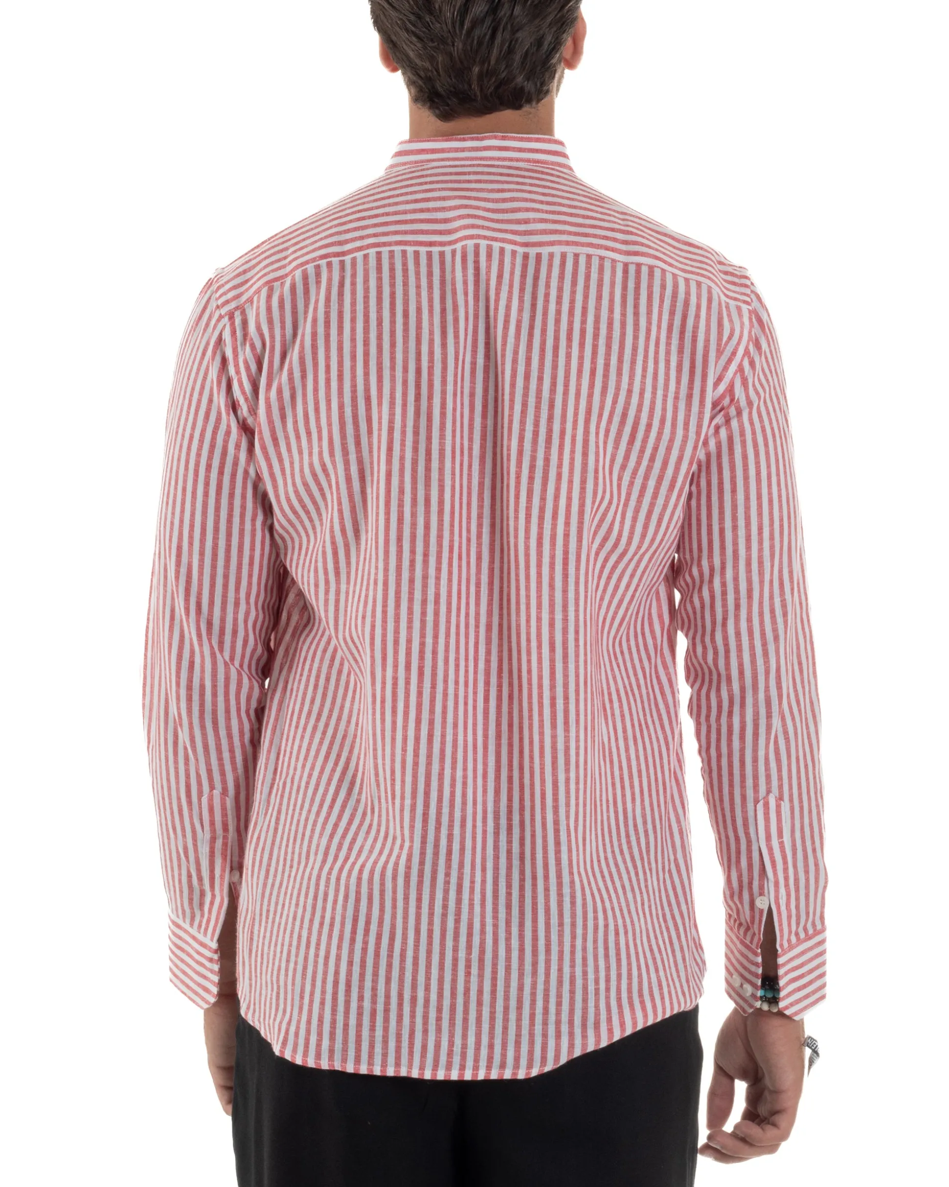 Camicia Uomo Lino Riga Sottile Collo Coreano Rosso C3020A