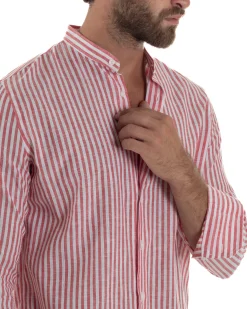 Camicia Uomo Lino Riga Sottile Collo Coreano Rosso C3020A