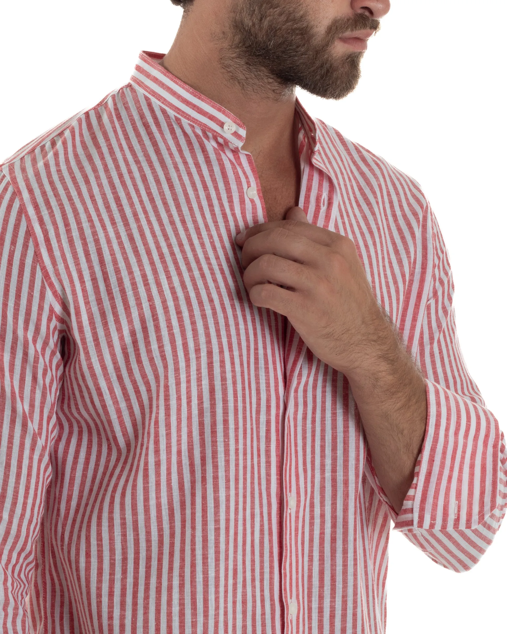 Camicia Uomo Lino Riga Sottile Collo Coreano Rosso C3020A