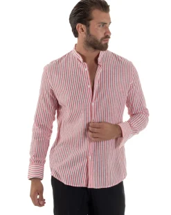 Camicia Uomo Lino Riga Sottile Collo Coreano Rosso C3020A