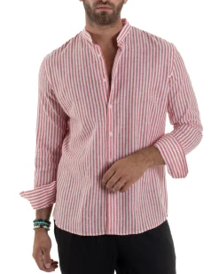 Camicia Uomo Lino Riga Sottile Collo Coreano Rosso C3020A