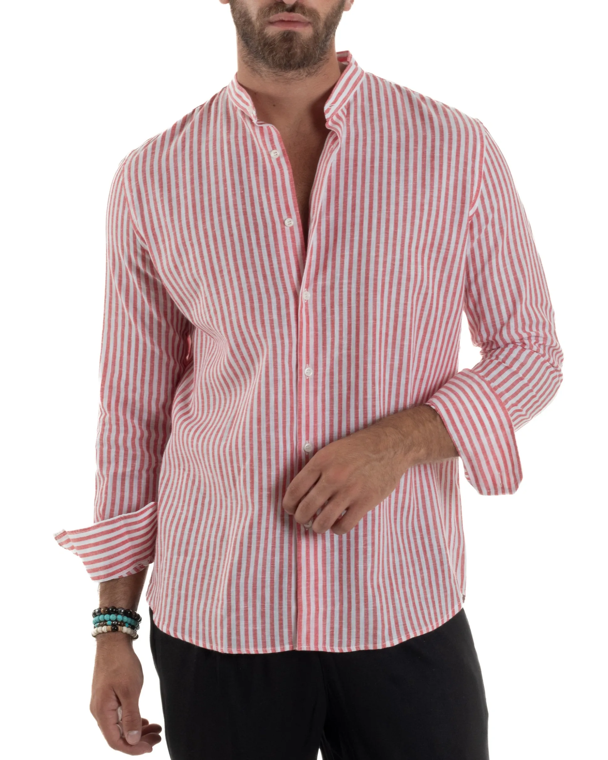 Camicia Uomo Lino Riga Sottile Collo Coreano Rosso C3020A
