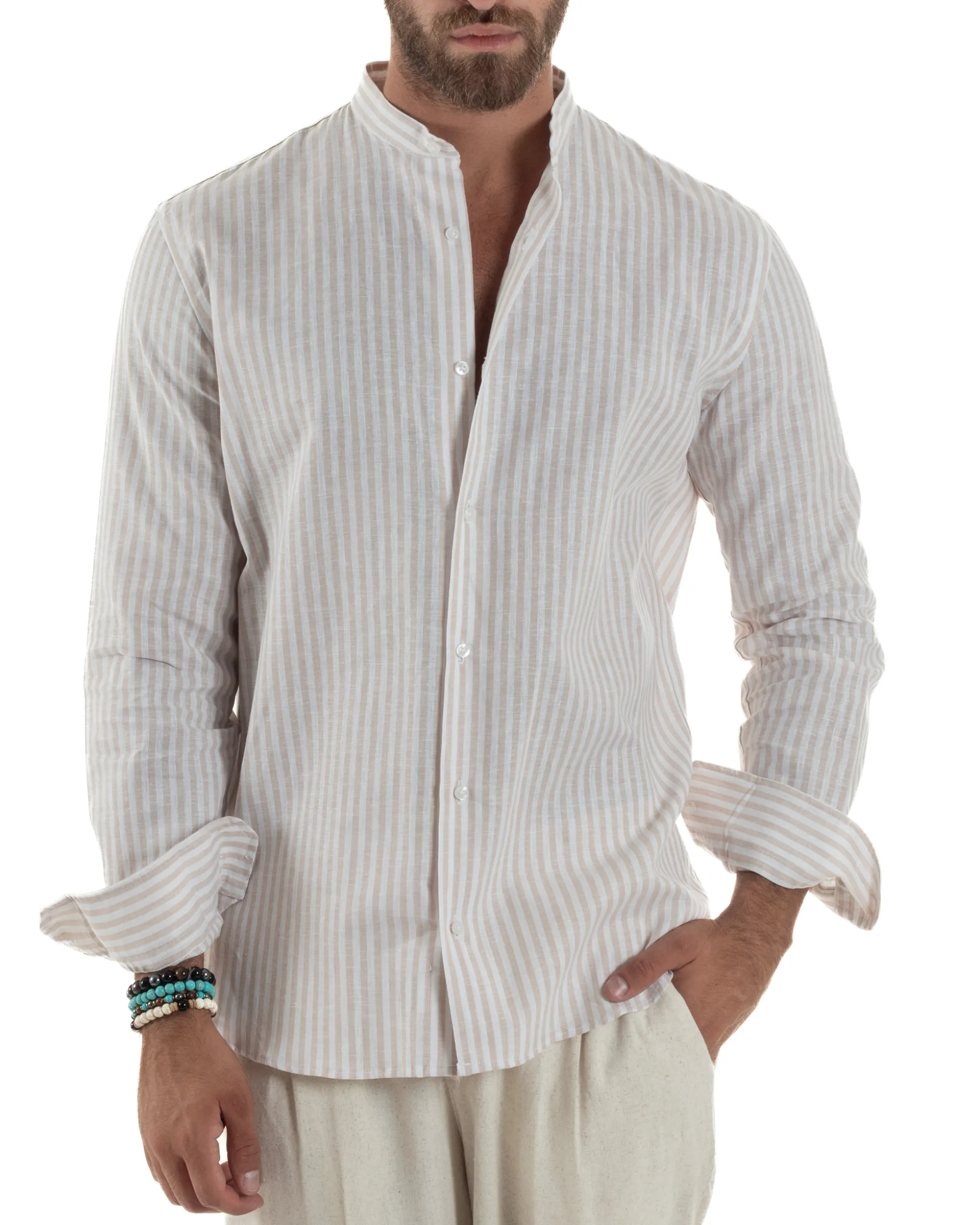 Camicia Uomo Lino Riga Sottile Collo Coreano Beige C3022A