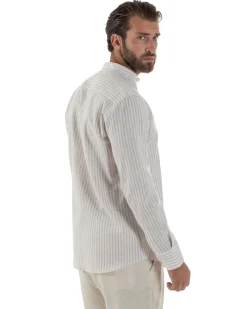 Camicia Uomo Lino Riga Sottile Collo Coreano Beige C3022A