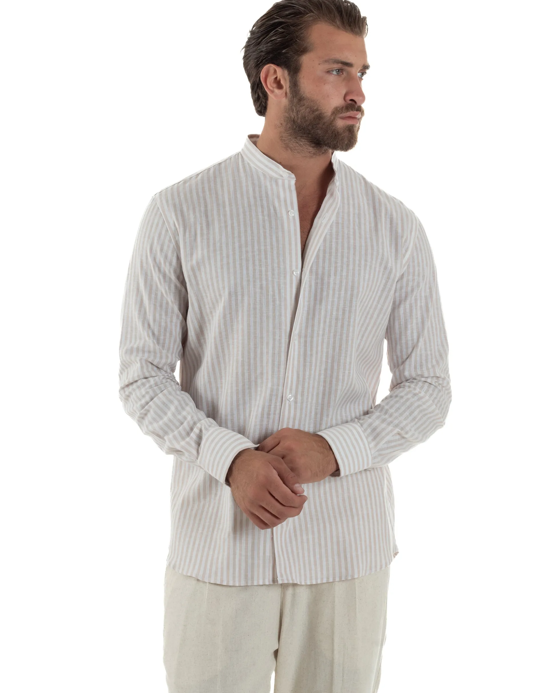 Camicia Uomo Lino Riga Sottile Collo Coreano Beige C3022A