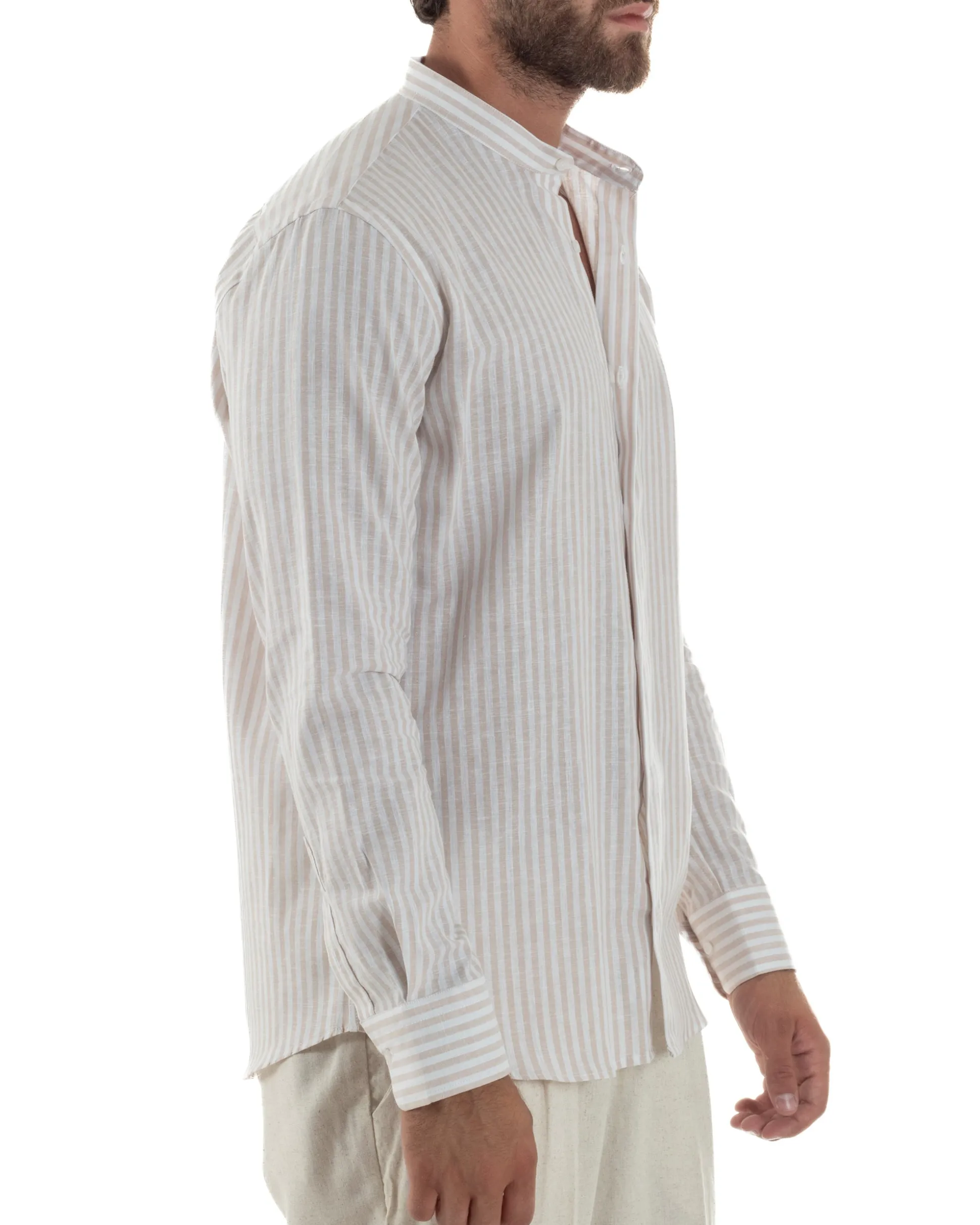 Camicia Uomo Lino Riga Sottile Collo Coreano Beige C3022A