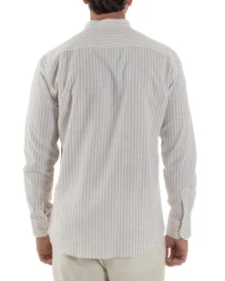 Camicia Uomo Lino Riga Sottile Collo Coreano Beige C3022A