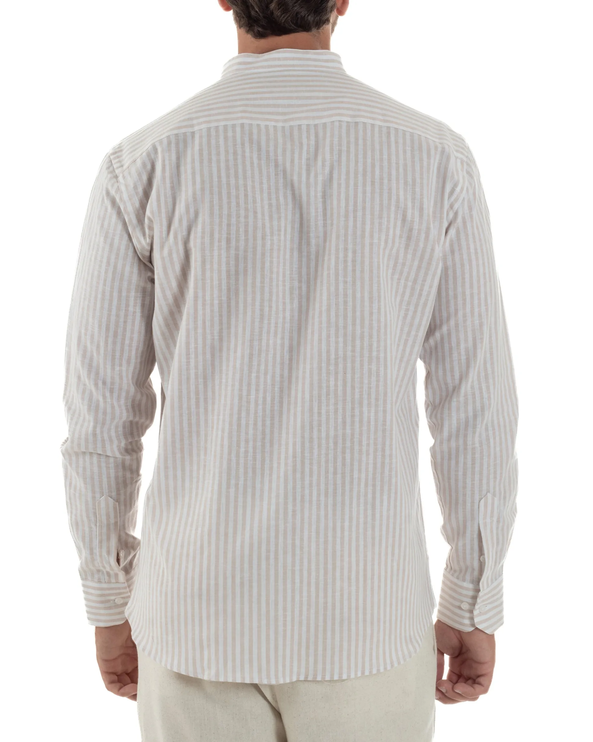 Camicia Uomo Lino Riga Sottile Collo Coreano Beige C3022A