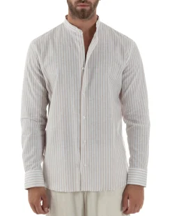 Camicia Uomo Lino Riga Sottile Collo Coreano Beige C3022A
