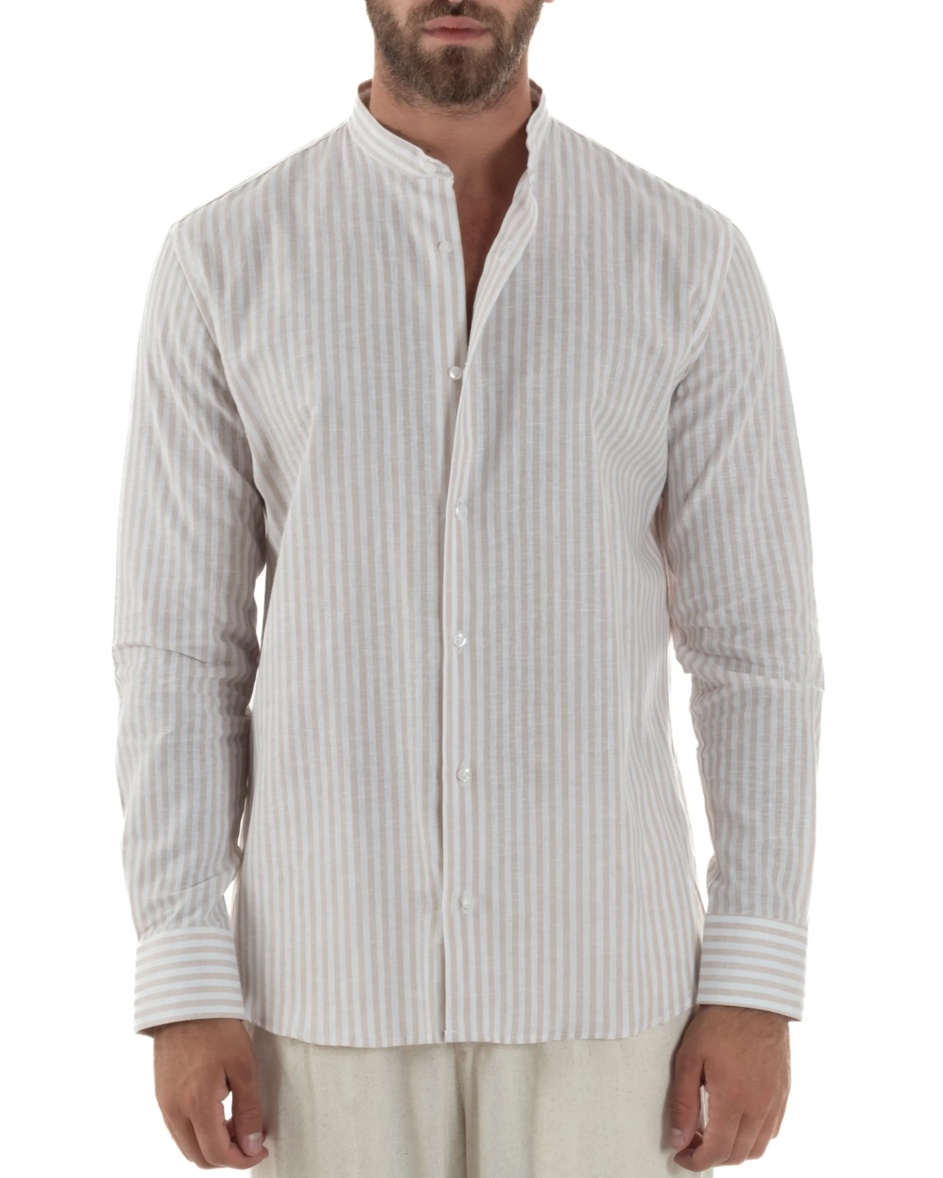 Camicia Uomo Lino Riga Sottile Collo Coreano Beige C3022A