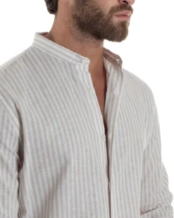 Camicia Uomo Lino Riga Sottile Collo Coreano Beige C3022A