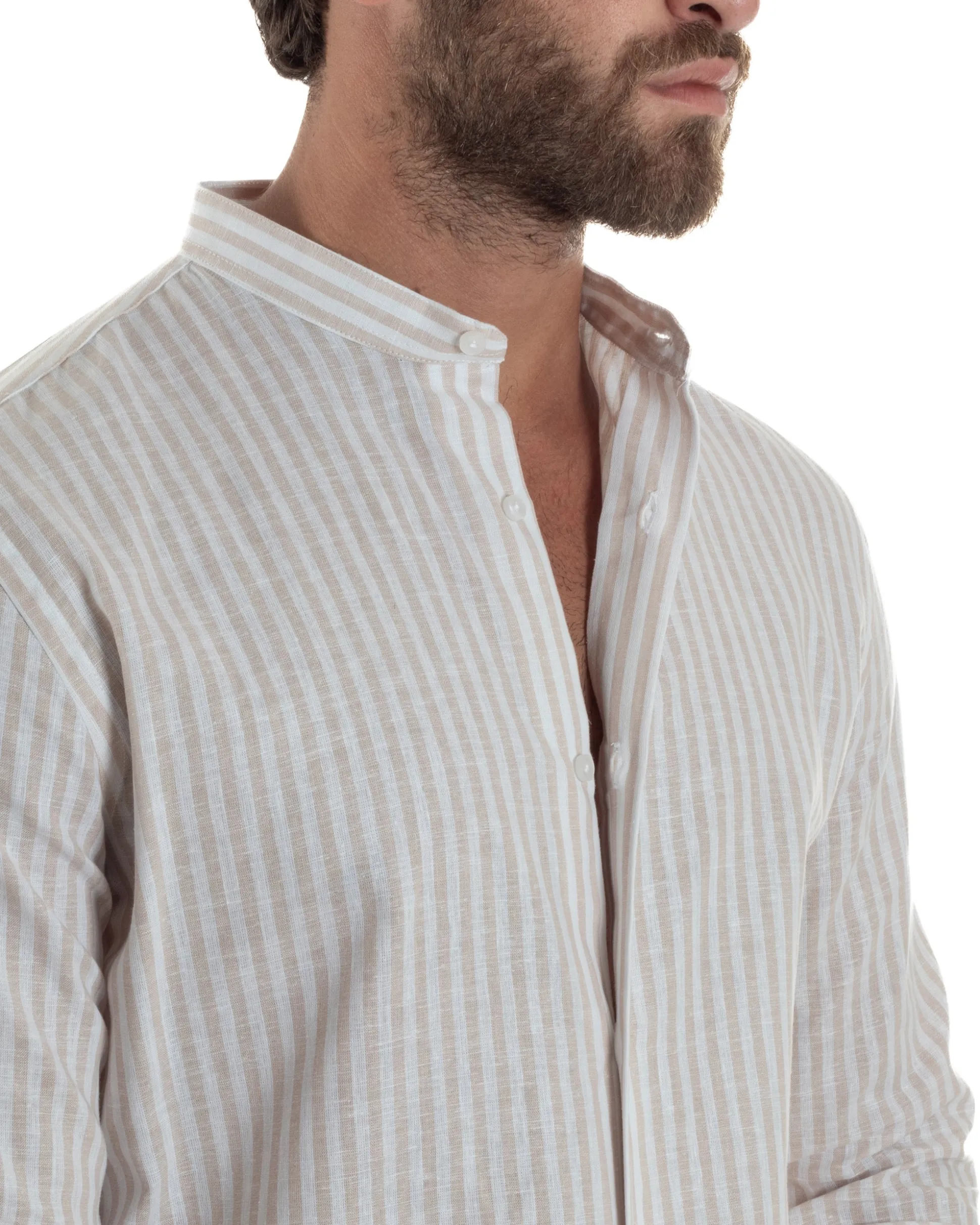 Camicia Uomo Lino Riga Sottile Collo Coreano Beige C3022A