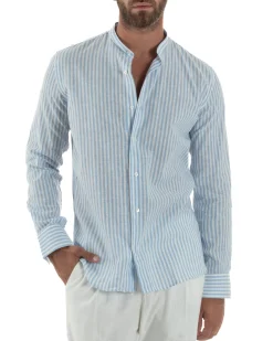 Camicia Uomo Lino Riga Sottile Collo Coreano Celeste C3024A