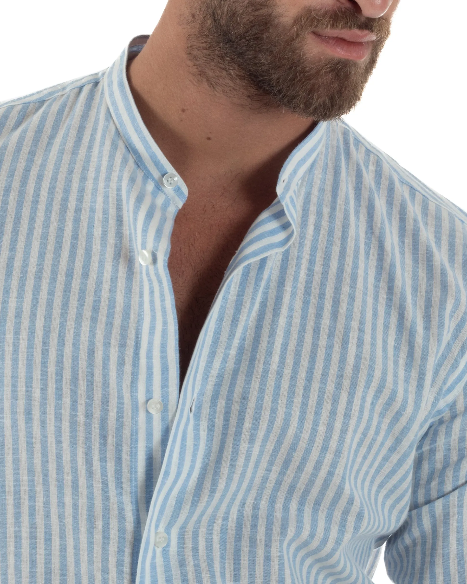 Camicia Uomo Lino Riga Sottile Collo Coreano Celeste C3024A