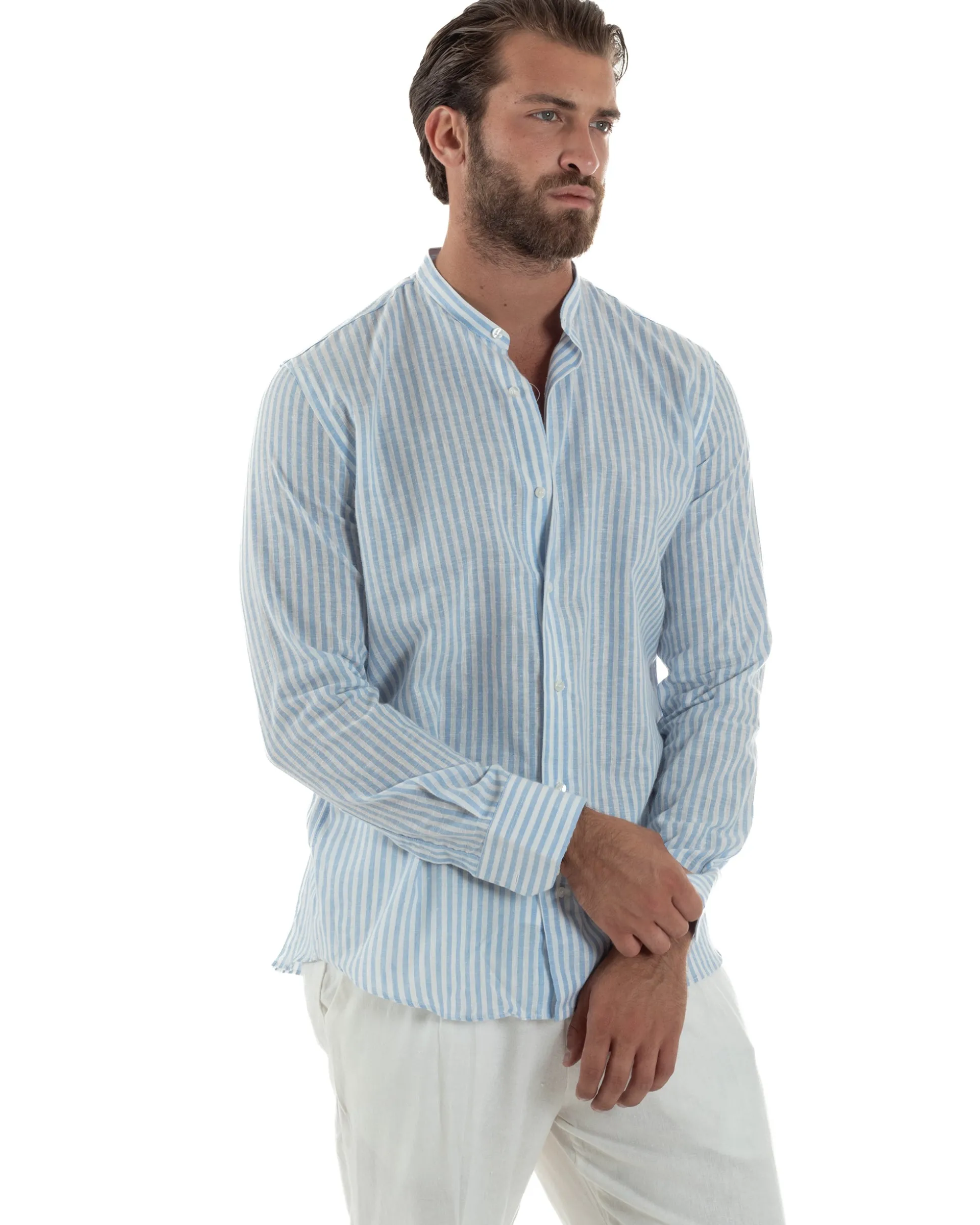 Camicia Uomo Lino Riga Sottile Collo Coreano Celeste C3024A