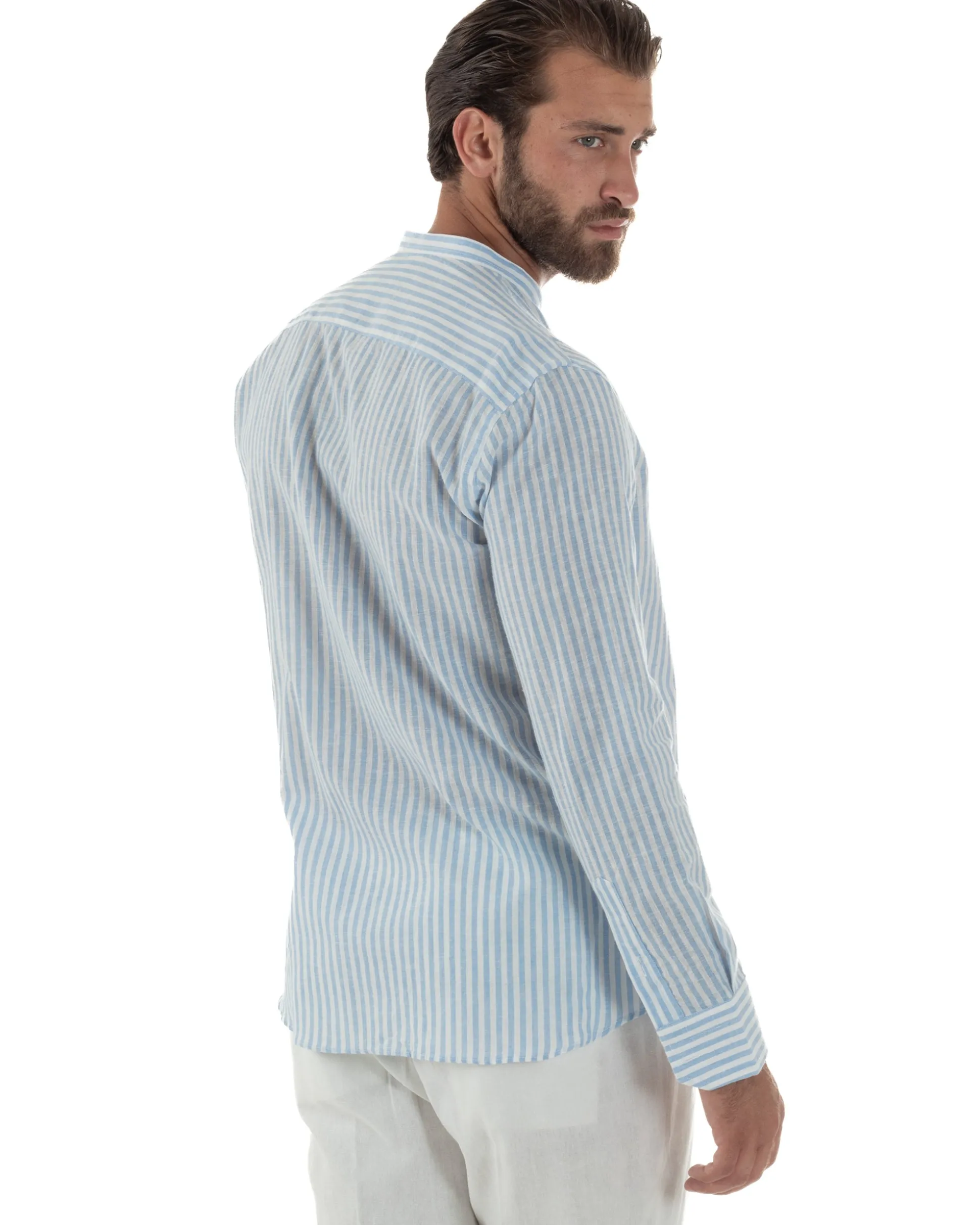 Camicia Uomo Lino Riga Sottile Collo Coreano Celeste C3024A