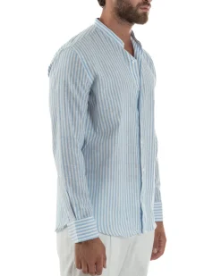 Camicia Uomo Lino Riga Sottile Collo Coreano Celeste C3024A